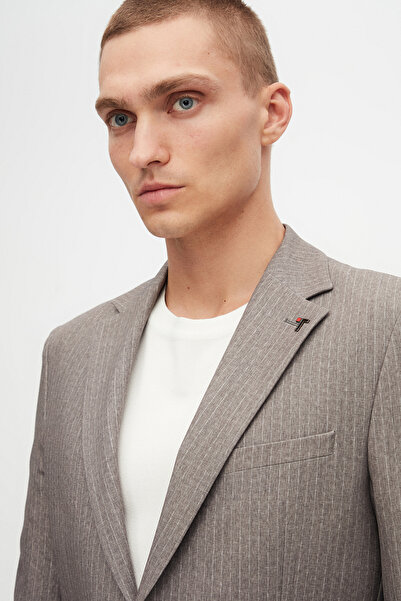 Tween Slim Fit Bej Çizgili Kumaş Ceket