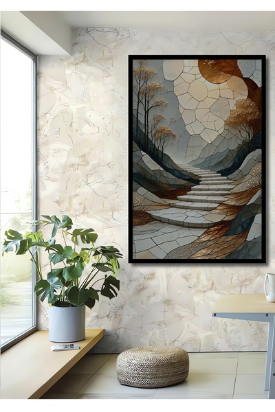 Teona Ahşap Çerçeve Görünümlü Mozaik Desenli Merdivenler Yağlı Boya Görünümlü...