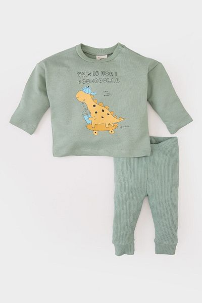 DeFacto Baby Boy 2-Person Clothes Dinosaur Print Long Sleeves and Check Dress