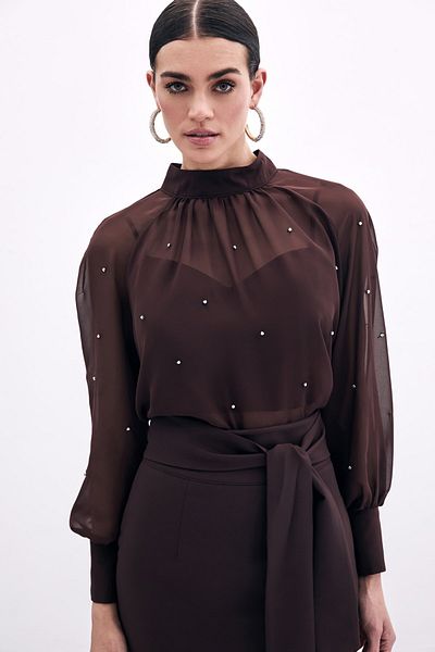 Sateen Stone Detailed Transparent Blouse, Cafe Sleeve Pond