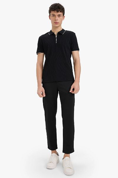 DeFacto Slim Fit Slim Fit Short Sleeve Ribbed Camisole Half Zip Black Polo T-Shirt D3948Ax25Sm