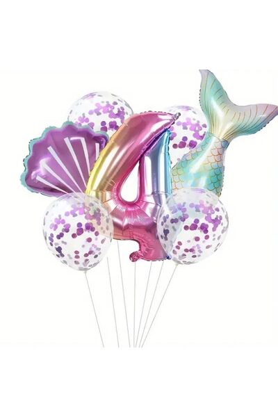parti sürprizi Deniz Kızı Kuyruğu Mor Konfetili 4 Yaş Folyo Balon Set