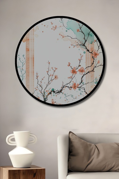 Teona Ahşap Çerçeve Görünümlü Japon Kiraz Çiçeği Sulu Boya Görünümlü Dekorati...