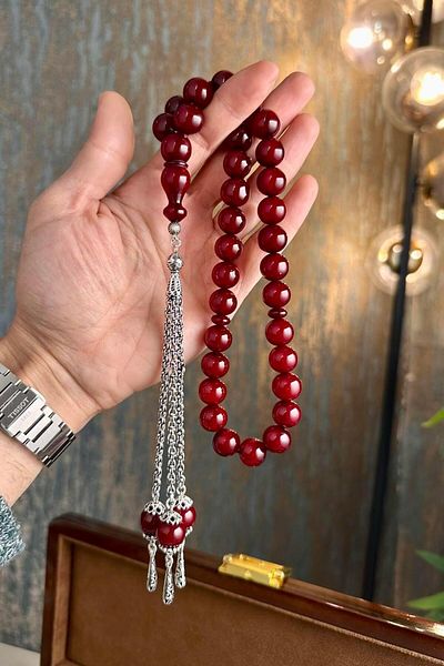 dergah tesbih Şahin Ağa Series New Ottoman Cherry Squeeze Amber Silver Design