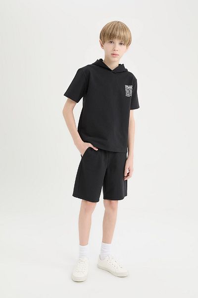 DeFacto Boy's 2-Piece Set Hooded Printed Short Sleeve T-Shirt with Elastic Waist Shorts E2850A825Sm