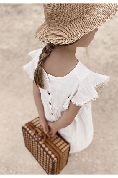 Cigit Robe Embroidered Lace Detailed Bohemian Muslin Dress 2-8 Years Ecru