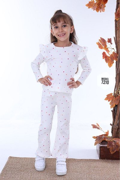 yagmurgiyim Pjk2I Heart Patterned Girl's Set - Ecru, Ribbed, 100% Cotton, 3-10 Years 7210-E