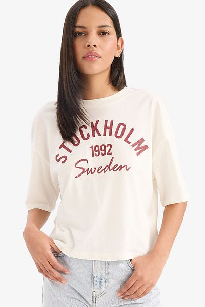 DeFacto Oversize Wide Fit Crew Neck Printed Combed Cotton Short Sleeve T-Shirt E5148Ax25Sm
