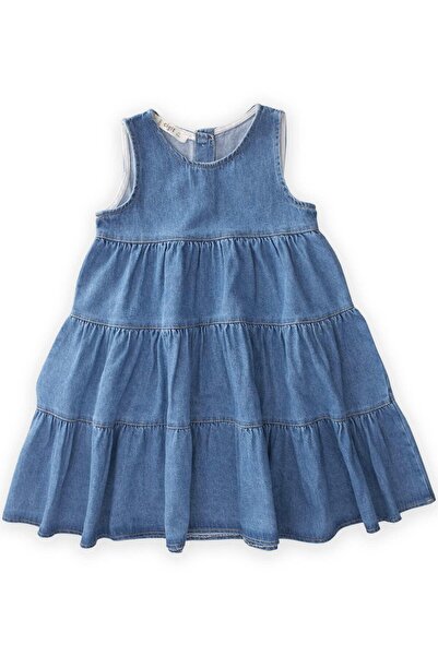 Cigit Katlı Kot Elbise 2-7 Yaş Mavi
