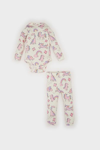 DeFacto 2-teiliges Set für Babys, Mädchen, gemustertes, geripptes Leibchen, langärmliger Body mit Druckknopfverschluss und langer Hose E6308a525sp