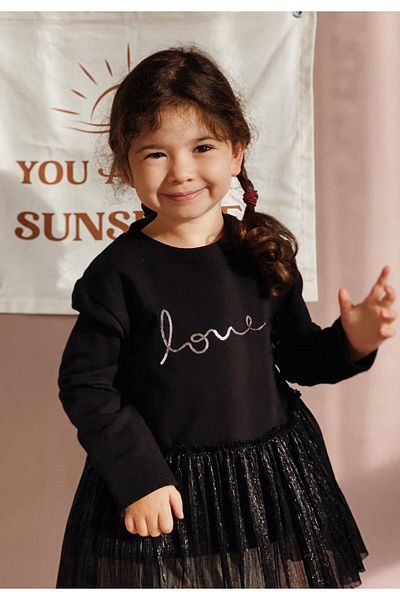 Cigit Sequin Tulle Winter Tunic 1-6 Years Black