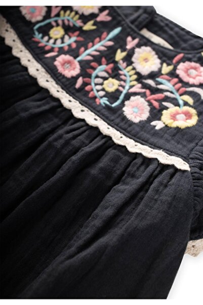 Cigit Φόρεμα μουσελίνας Anthracite 2-10 Years - Floral κέντημα και δαντέλα