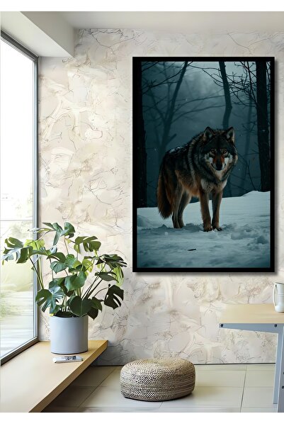 Teona Ahşap Çerçeve Görünümlü Kar Kurt Yağlı Boya Görünümlü Dekoratif Ahşap E...