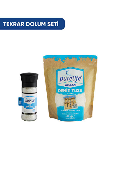 PureLife Deniz Tuzu Set Granül 500g Seramik Değirmenli Cam 120g | Ege | Rafine Edilmemiş-doğal-mineralli