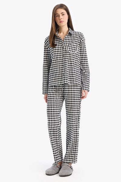 DeFacto Checkered Pajamas Set Long Sleeve Top and Waisted Long Bottom E3464Ax25Sp