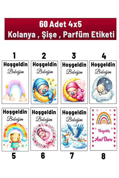 Genel Markalar Kişiye Özel Kolonya ve Çikolata Etiketleri - Baby Shower Sticker (4x5 cm, 60Adet)