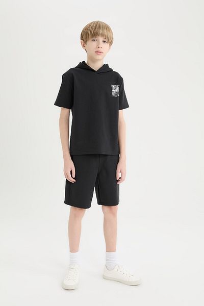 DeFacto Boy's 2-Piece Set Hooded Printed Short Sleeve T-Shirt with Elastic Waist Shorts E2850A825Sm