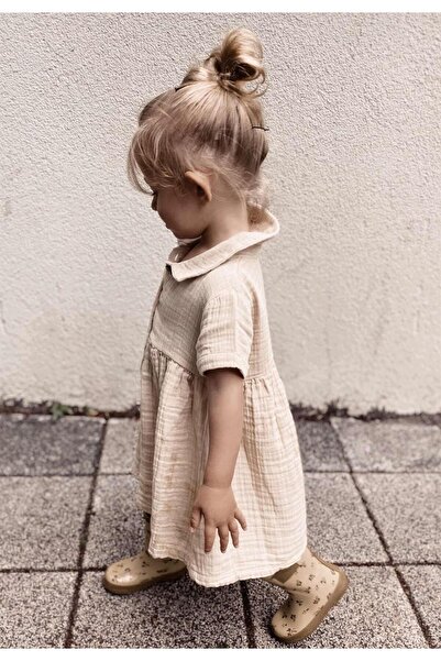 Cigit Baby Collar Robe Gathered Muslin Dress 1-7 Years Cream