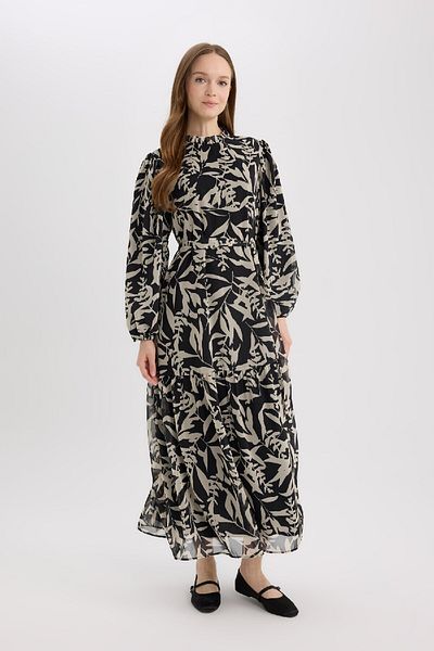 DeFacto Langärmliges Maxikleid aus Chiffon mit Rundhalsausschnitt und Muster E5453ax25sp