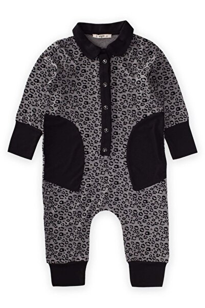 Cigit Leopard Printed Collared Romper 2-6 Years Old Gray