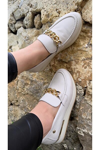 Mammamia 3510 Gerçek Deri Saraçlı Zincir Tokalı Düz Taban Günlük Ortopedik Ka...