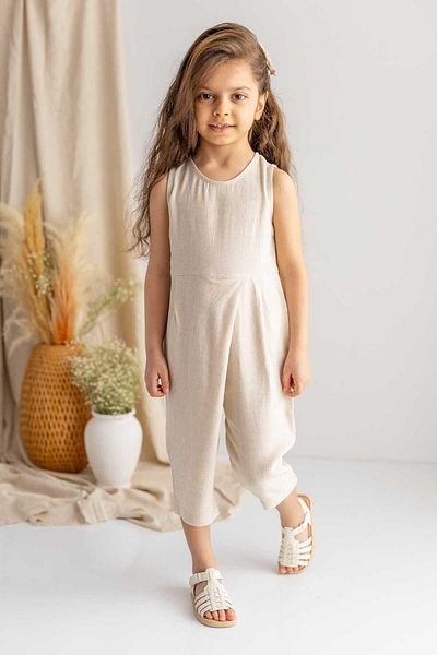 Cigit Sarh Pleated Linen Jumpsuit 2-6 Years Natural