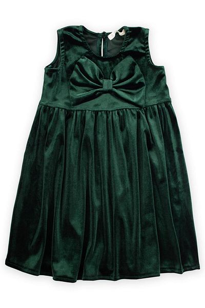 Cigit Velvet Dress with Bow on the Front 2-7 Years Green