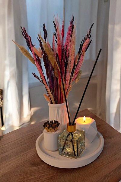 BESAGU HOME YUVARLAK TEPSİLİ VAZO SETİ-KİBRİTLİK-TEALIGHTLIK-VAZO-ODA KOKUSU (MUM VE KOKU ÇUBUĞU DAHİLDİR)