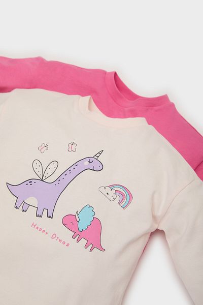 DeFacto Baby Girl Newborn Crew Neck Dinosaur Printed Combed Cotton 2-Piece Long Sleeve T-Shirt E6362A525Sp