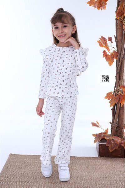 yagmurgiyim Pjk2I - Girls' Ribbed Set, Pink Heart Pattern, 100% Cotton, 3-10 Years 7210-E