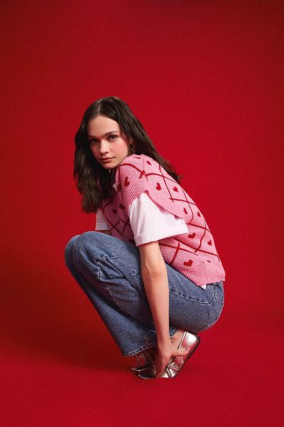 DeFacto Cool V-Neck Heart Patterned Sweater W6775Az25Sp