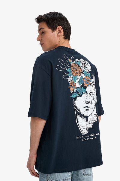 DeFacto 100% Cotton Loose Fit Crew Neck Back Printed Short Sleeve T-Shirt B4320Ax25Sm