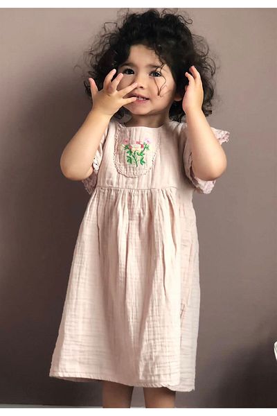 Cigit Robe Embroidered Lace Detailed Bohemian Muslin Dress Age 2-8 Powder Pink