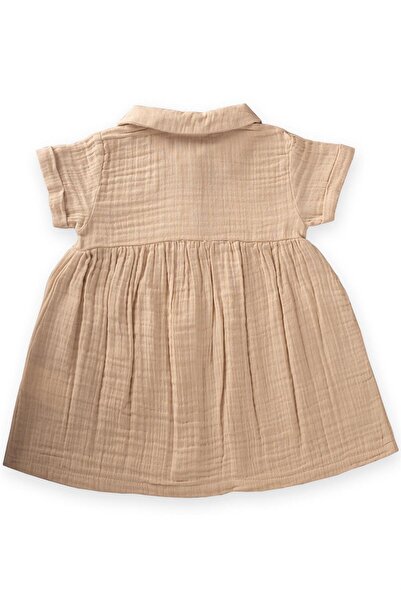 Cigit Baby Collar Robe Gathered Muslin Dress 1-7 Years Cream