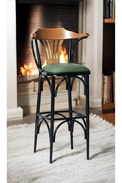 DENGEMA Bar Sandalyesi Yeşil-kahve-t169/75 - Oturma Yüksekliği 75cm - Metal Iskelet - Ahşap Sırt Ve Kolçak
