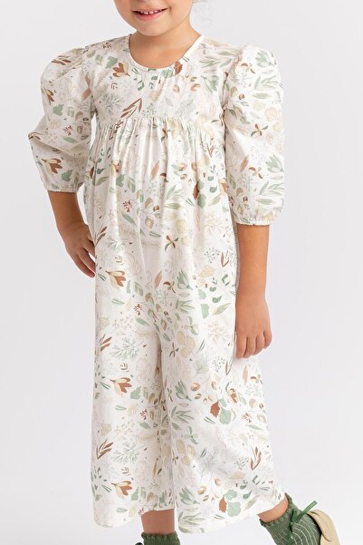 Cigit Patterned Ecru Poplin Jumpsuit for 2-7 Years