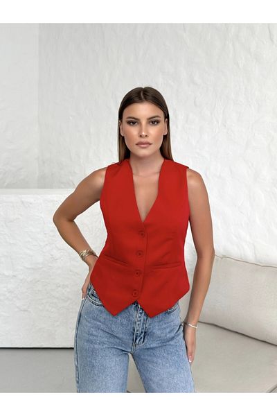 Elif Özbey Butik سترة منسوجة بأزرار حمراء