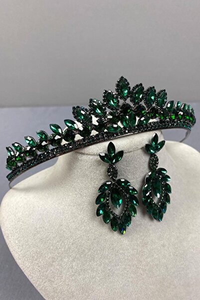 Limelia Yeşil Leyn Model Gelin Kına Tacı ve Mekik Taşlı Küpe