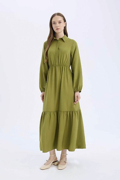 DeFacto Langärmliges Maxikleid mit Hemdkragen – gerader Knopf und Kordelzug an der Taille D5851AX25SP