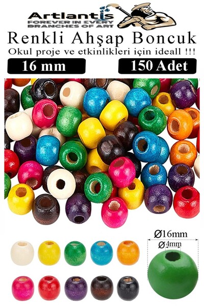 Artlantis Renkli Ahşap Boncuk 16mm 150 li 1 Paket Renkli Ahşap Boyalı Yuvarla...