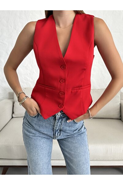 Elif Özbey Butik Kırmızı Dokuma Düğmeli Yelek