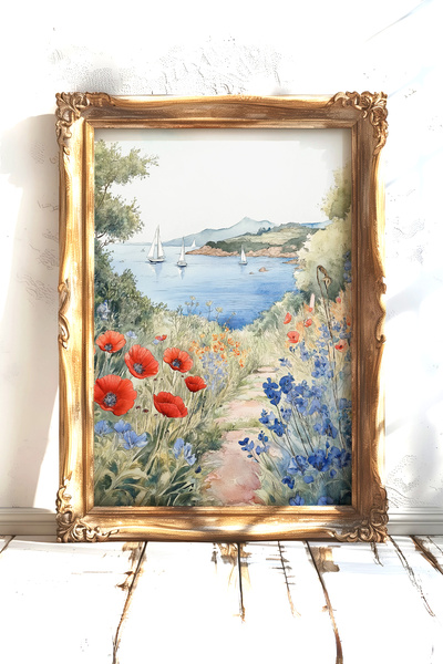 AKSU SANAT Gelincikler Ve Deniz Vintage Kanvas Poster - Çerçevesiz Kanvas Pos...