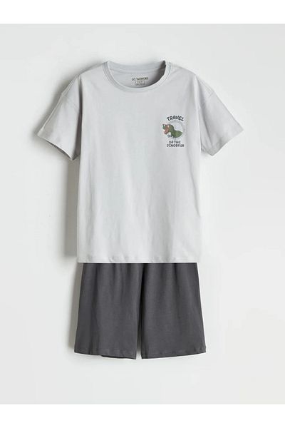 LC Waikiki LCW Kids Gri Crewneck Dinozaur Imprimat Băieți Set de pijamale cu pantaloni scurți
