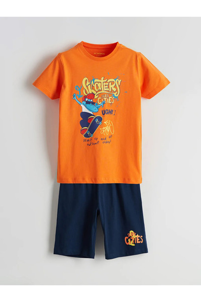 LC Waikiki Детски комплект пижама с къси панталони LCW в оранжево с кръгло де...