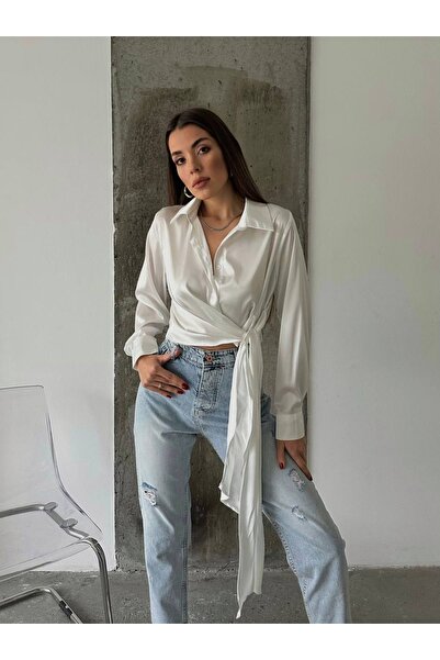 SUFFLE WEAR Beyaz - Uzun Kollu Bağlamalı Saten Gömlek