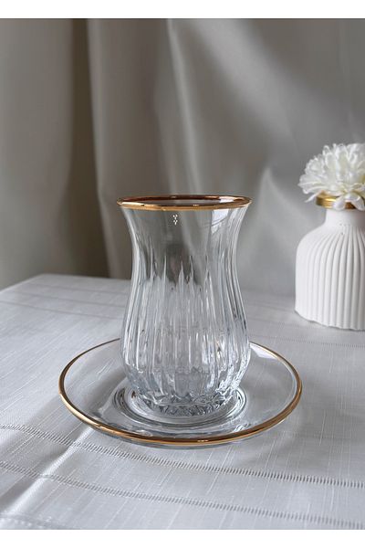 Şahika Kristal cama atılan imza 12 Piece Ahsen Gold Gilded Tea Set