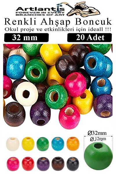 Artlantis Renkli Ahşap Boncuk 32mm 20 li 1 Paket Renkli Ahşap Boyalı Yuvarlak...