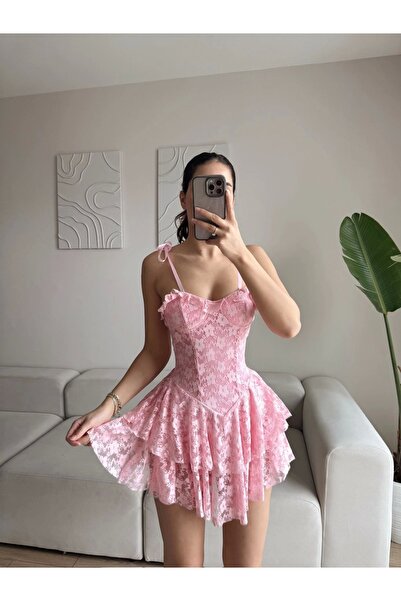 Zoom Butik Şortlu Bel Korse Dantel Elbise - PUDRA