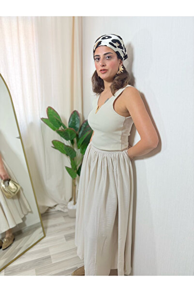 Misun butik TAŞ RENGİ PİLELİ UZUN ETEK