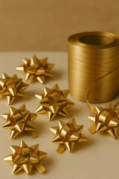 OLİ Art Gold Adhesive Raffia 12 Pcs Bow Raffia Star Self Adhesive Star